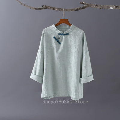 New Chinese Vintage Blouse Tops Women Linen Buckle Traditional Tang Suit Shirt Vintage Female Long Sleeve Loose Splice Cheongsam