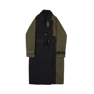 Color Men's Block Patchwork Mid Length Windbreaker With Sashes Loose Casual Streetwear Long Trench Coat 2Y4347