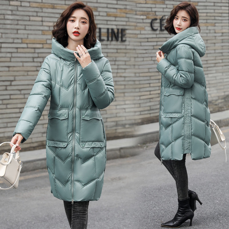 Parka women popular bright face down clothes women&#39;s middle and long 2021 winter new loose and thin over knee coat