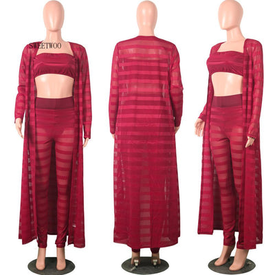 Striped mesh sexy 3 piece set women strapless +skinny full length pants and full sleeve coat bohemian attractive suit