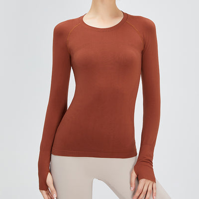 CHRLEISURE Seamless Yoga Shirts Fitness Top Women&#39;s Long Sleeve Workout Blouse Solid Round Neck Naked Feeling Jogging T-Shirt