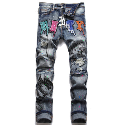 Men Crystal Stretch Denim Jeans Streetwear Letters Floral Print Pants Holes Ripped Distressed Patchwork Slim Trousers