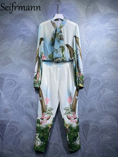 Seifrmann High Quality Autumn Women Fashion Designer Pants Sets Lantern Sleeve Blouses + High Waist Jungle Print Long Pants Suit