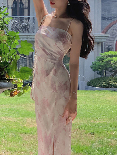 Midi Dress Sexy Women Korea Summer 2022 Fashion Lady Elegant Print Sleeveless Evening Party Vintage Satin Dresses Female Clothes
