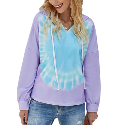 Women Radial Tie-Dye Colorblock Drawstring Hoodies Long Sleeve Casual Loose Sweatshirt Rainbow V-Neck Pullover Tops