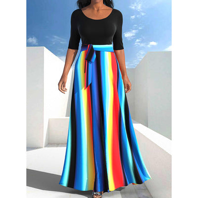 Casual Abstract Printing A-line Skirt Robe Femme Autumn Round Neck Contrasting Colors Sashes Half Sleeve Maxi Dress Plus Size
