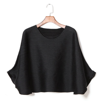 Large size women's t-shirt Miyake round neck loose trend personality bat shirt pleated one-shoulder top summer