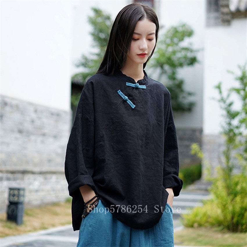 New Chinese Vintage Blouse Tops Women Linen Buckle Traditional Tang Suit Shirt Vintage Female Long Sleeve Loose Splice Cheongsam
