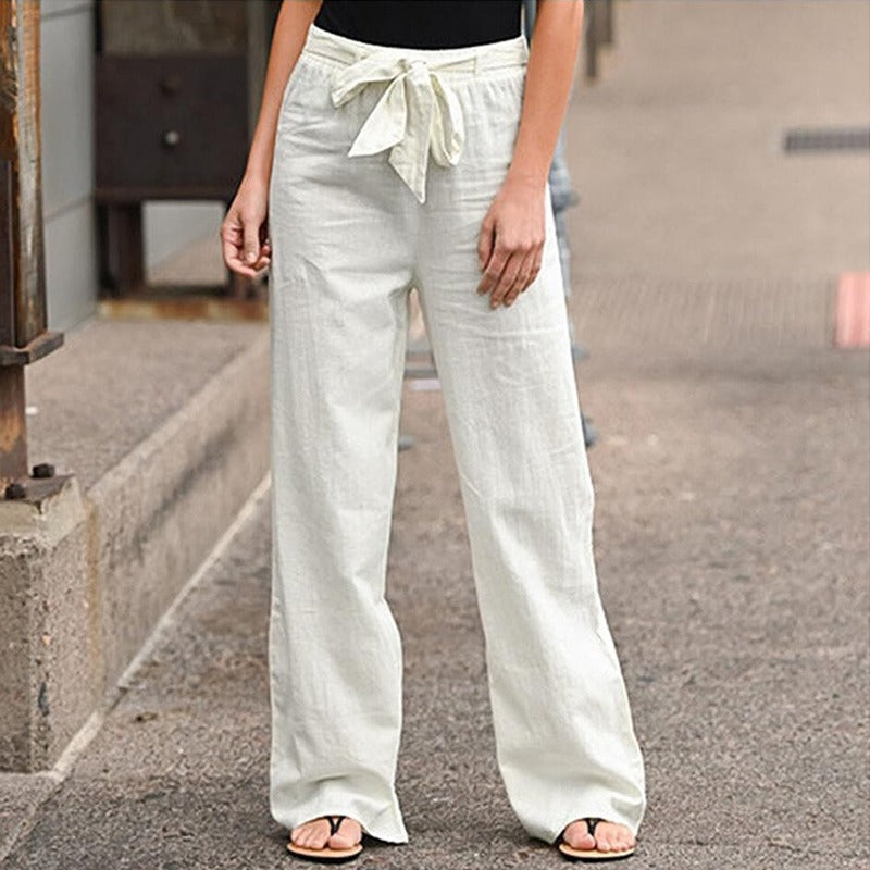 2021 new women&#39;s summer European and American elastic waist solid color cotton and linen belt wide-leg pants loose trousers