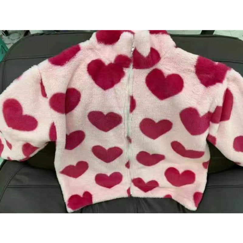 Pink Heart Y2K Baseball Coat Women Faux Teddy Fur Coat Basic Jackets Outerwear Female Womens Fashion Vintage Harajuku Kawaii