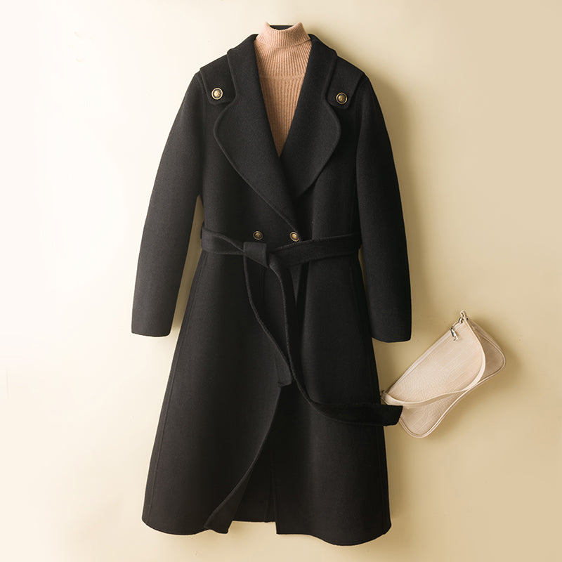 Double-sided cashmere women&#39;s coat woolen coat pure wool mid-length over-the-knee lace-up suit collar loose trench coat