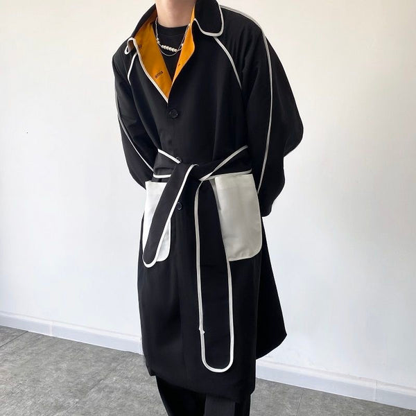 Autumn Menswear Personality Color Block Spliced Pockets Long Trench Coat Lapel Men's Windbreak Korean Retro Coat With Belt