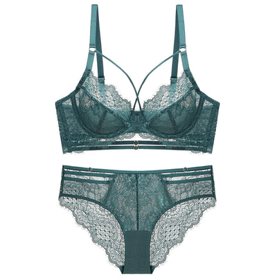 Sexy lace bralette underwear suit ladies fixed shoulder strap bra set ultra-thin transparent underwire lingerie panty