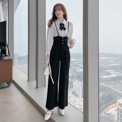 2021 spring fashion elegant Women two Piece Suits long sleeve shirts tops+long wide leg pants trousers sets
