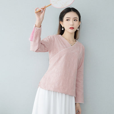 S-3XL Retro Blue Pink Cotton Linen Long Sleeve Summer Han Fu Traditional Chinese Clothing for Women Hanfu Tops Blouse Costume