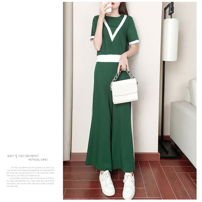 Summer 2021 large size wide leg trousers tracksuit women&#39;s loose casual short sleeve web celebrity two piece set wholesale 0224