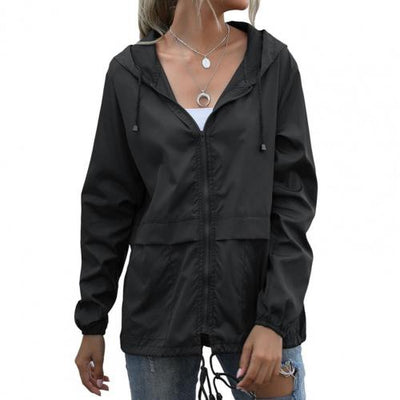 Solid Color Zipper Closure Hooded Jacket Thin Long Sleeve Windproof Women Drawstring Jackets Coat Female Clothing