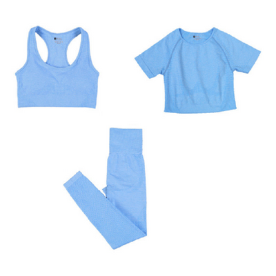 3pcs/set Women Seamless Yoga Set Fitness Sports Suits Short Sleeve Crop Top+High Waist Leggings+Sports Bra