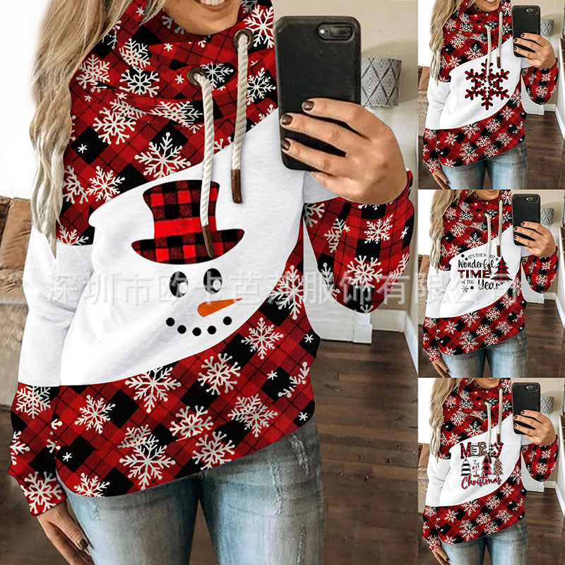 European and American Autumn and Winter Women&#39;s Clothes Christmas Loose Print Contrast Fleece Hooded Casual Sweater for Women