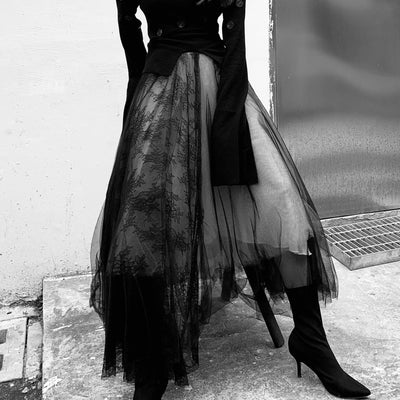 2022 New Spring Summer High Waist Black Layers Mesh Temperament Half-body Skirt Women Fashion Tide
