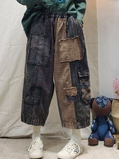 2022 New Pants Women Autumn Winter Retro Old cloth Spliced Trousers Female Elastic Waist Loose Casual All-match Pants