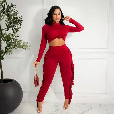 74D8287 Autumn Winter Women Casual Fashion Sexy Solid Skinny Tassel Two Piece Set Top and Pants Tracksuit Sweatsuit Outfits Hot