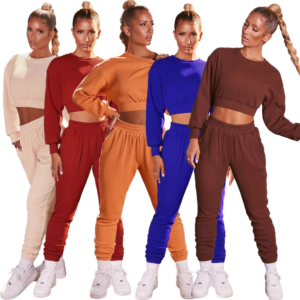 1L182 Autumn Winter Women Casual Fashion Solid Navel Long Sleeve Sports Two Piece Set Top and Pants Tracksuit Sweatsuit Outfits