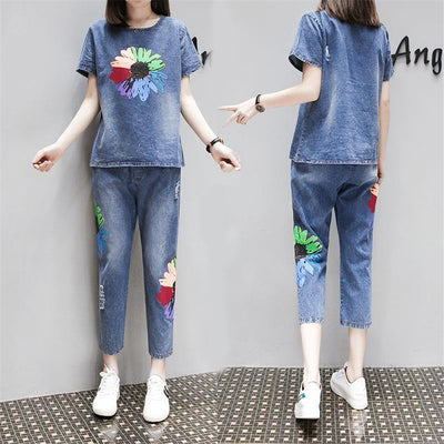 Blue Jeans Sets Tracksuits Women Pant Suits and Top loose tight short-sleeved style casual summer print flowrer suit