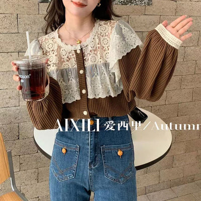 2021 spring Women solid elegant lace blouse ladys lantren sleeve ruffles Korean tops female Mesh Sheer Sexy shirts