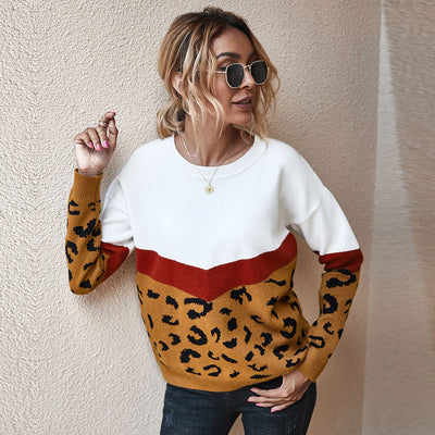 Fashion Leopard Patchwork Autumn Winter 2022 Ladies Knitted Sweater Women O-neck Full Sleeve Jumper Pullovers Top Khaki Brown
