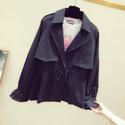 Short windbreaker female 2021 spring new coat loose wild waist thin suit collar popular Long sleeve solid color trench coat D19