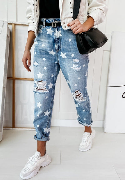 Summer fashion women&#39;s simple show thin holes star pattern jeans trousers women