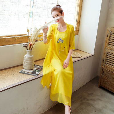 2021 Chinese Style Dress Shirt Vestidos Women&#39;S Summer Sundress Female 3/4 Sleeve Embroidery Robe Vintage Femme Maxi Dress 11230