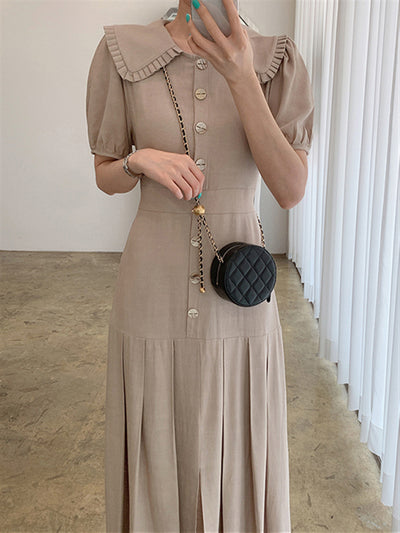 Solid Black Pleated Dresses for Women Elegant Summer 2022 Single-breasted Short Sleeve Casual Woman Dress Female Vestido Maxi