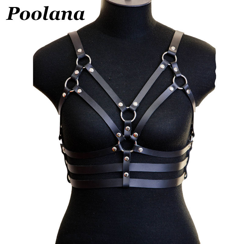 Handmade Women Leather Belt Punk Gothic Harness Top Suspender Real Leather Belt Straps Outfit Cosplay