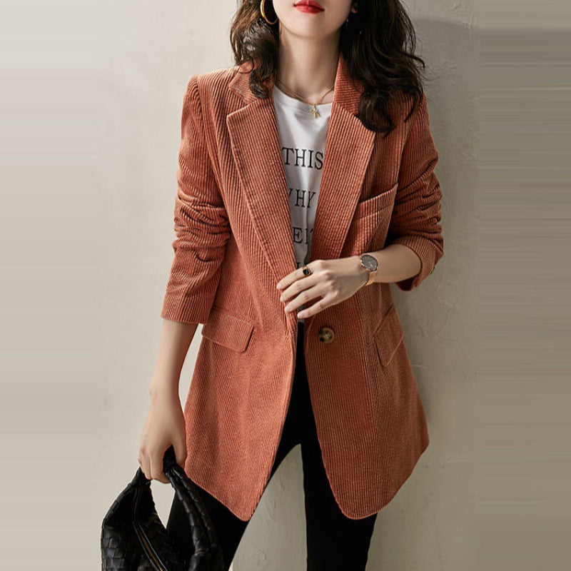 KoHuiJoo Corduroy Blazer Women 2022 Spring Autumn Coat Long Sleeve Loose Plus Size Solid Pockets Casual Blazers Jacket