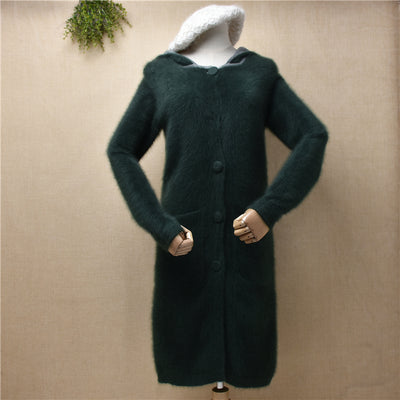 HANKERL ladies women fashion hooded hairy soft angora  fur knitted slim long sweater cardigans cashmere fall winter jacket