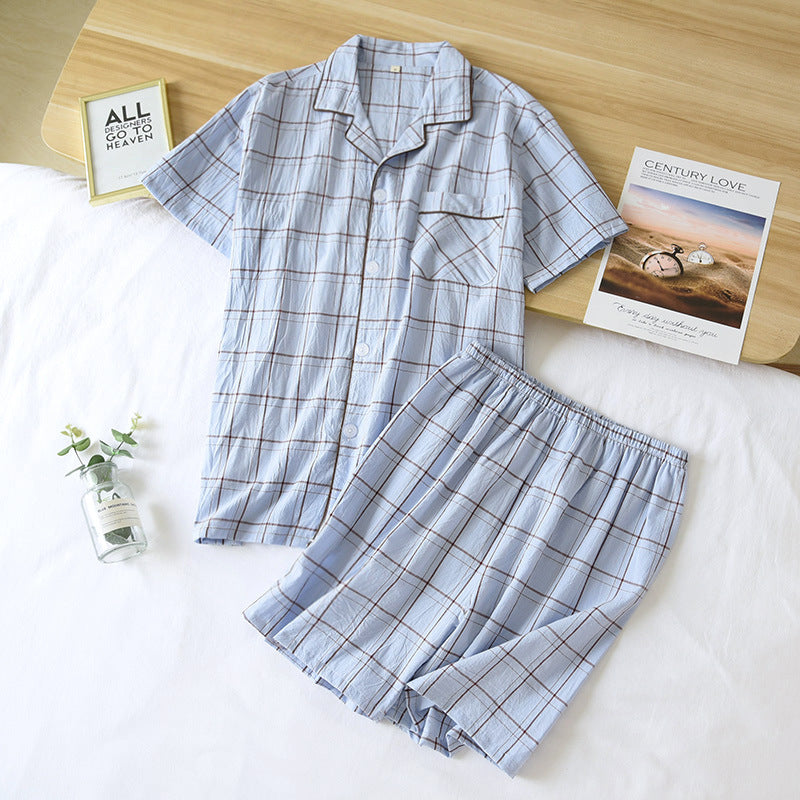 Summer Men Short-sleeved Shorts Pajamas Cotton Thin Plaid Plus-size Home Clothing 2 Piece Set Turn-down Collar Sleepwear 2021