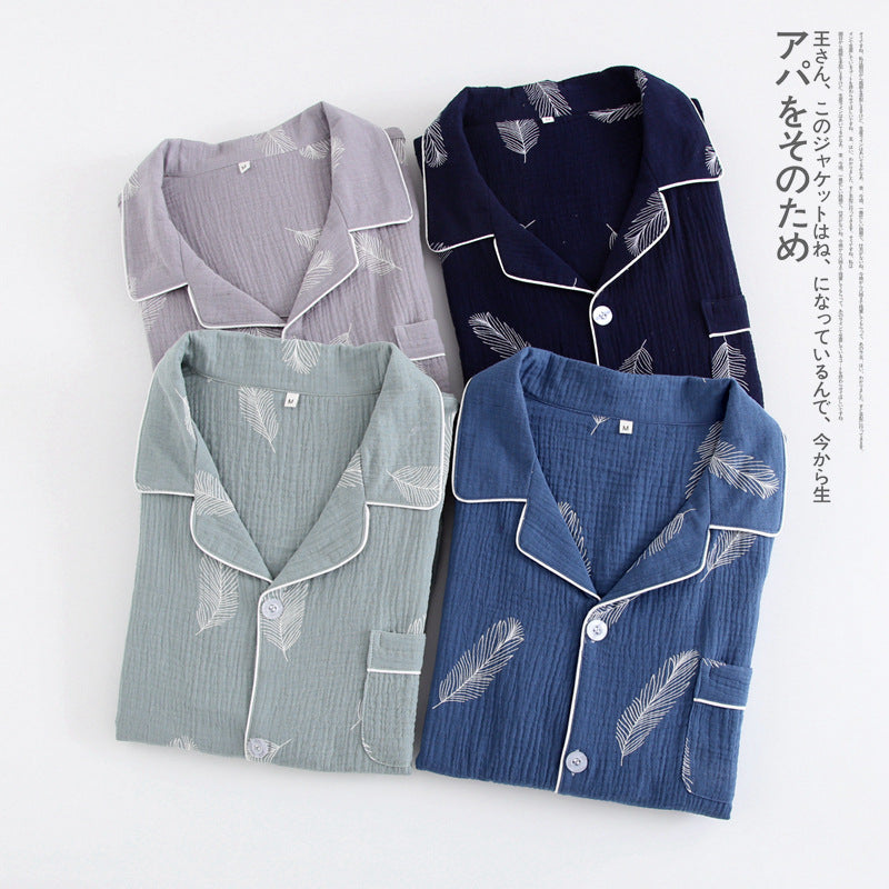 Japanese Cotton Yarn Mens Pajamas Set Spring Autumn Home Suit Male Thin Long-Sleeved Cardigan Gauze Lapel Washed Crepe Homewear