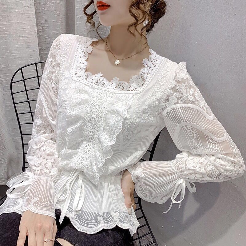 Elegant Fashion Square Collar Thin Blended Shirts Lace Solid Lantern Sleeve Spring Autumn Pullovers Women&#39;s Clothing Popularity