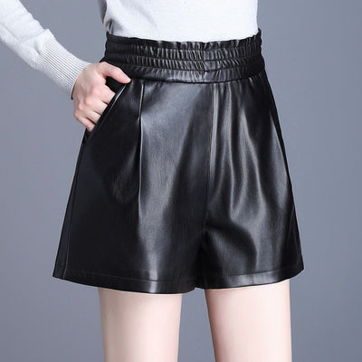 Autumn pu leather shorts high waist ladies casual shorts artificial leather A-line Bottoms Wide-legged Shorts Winter Women 5XL