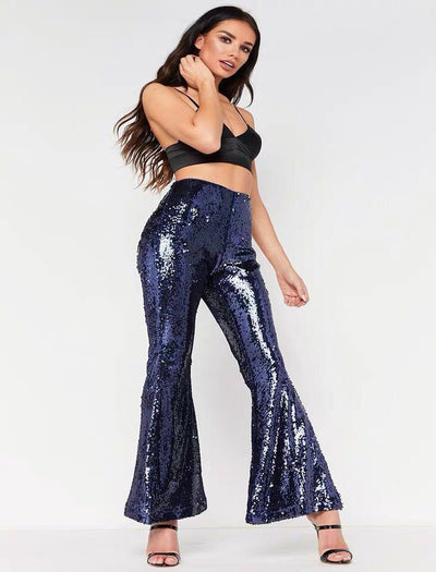 Women Casual Sequin Glitter Skinny Flare Pants High Waist Stretch Slim Pencil Trousers Joggers
