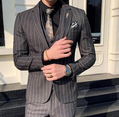 Mens Casual Business Stripe 1 Button 3-Piece Suit Blazer Jacket Wedding Tux Vest Trousers