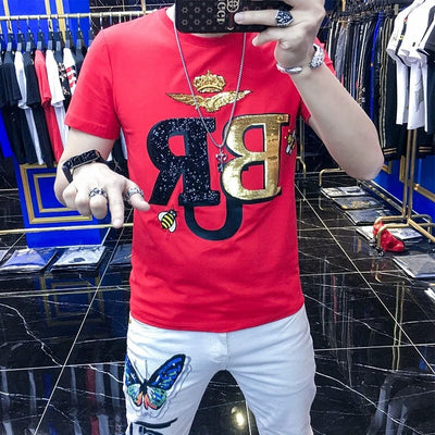 Luxury Exquisite Bright Bees Hot Drilling Letters Personality Bodybuilding Summer O-Neck T-Shirt Men&#39;s  Cotton Short Sleeves