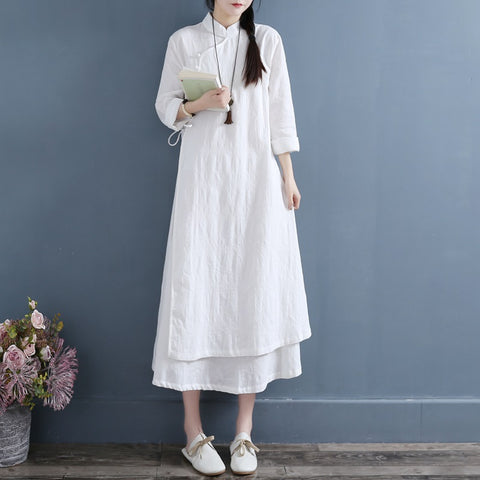 New 2021 Spring Vintage Buckle Solid Color Cotton Linen Robe Vintage Femme Dress Full Sleeve Stand Collar Women Dresses 12477