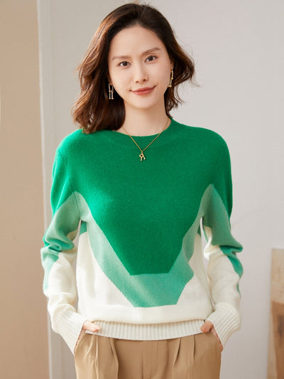 Merino Wool Women's Clothing Round neck Tops Autumn and Winter New Gradient Pullover Casual Color Matching Fashion Sweate