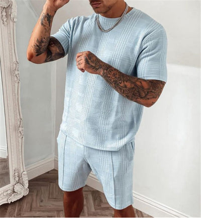 2022 Summer New Tracksuit Men Casual Sports Set Solid Color Plaid Short Sleeved Shorts Sets Mens Fashion 2 Piece Sportswear