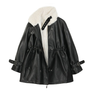 Faux Fur Coat Women Leather Jacket Autumn Winter Warm Plush Thick Suede Outerwear Lambs Wool Short Motorcycle Coats Female