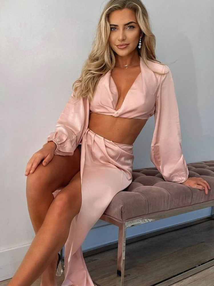 Kesiachiccly Satin High Split Puff Sleeve Women Two Piece Dress Sets Sexy Deep V Neck Top And Skirt Set Slim Partywear Suits