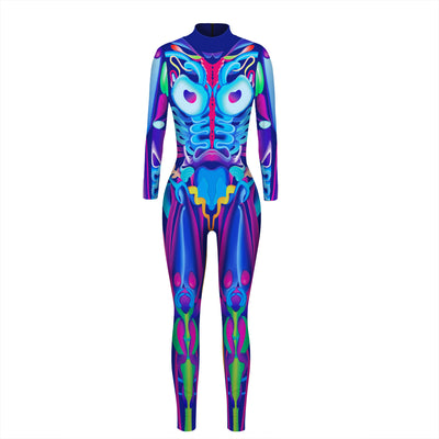 Halloween Women Plus Size Robot 3D Print Sexy Bodysuits Female Long Sleeve Cosplay Jumpsuit Punk Style Scary Masquerade Costume